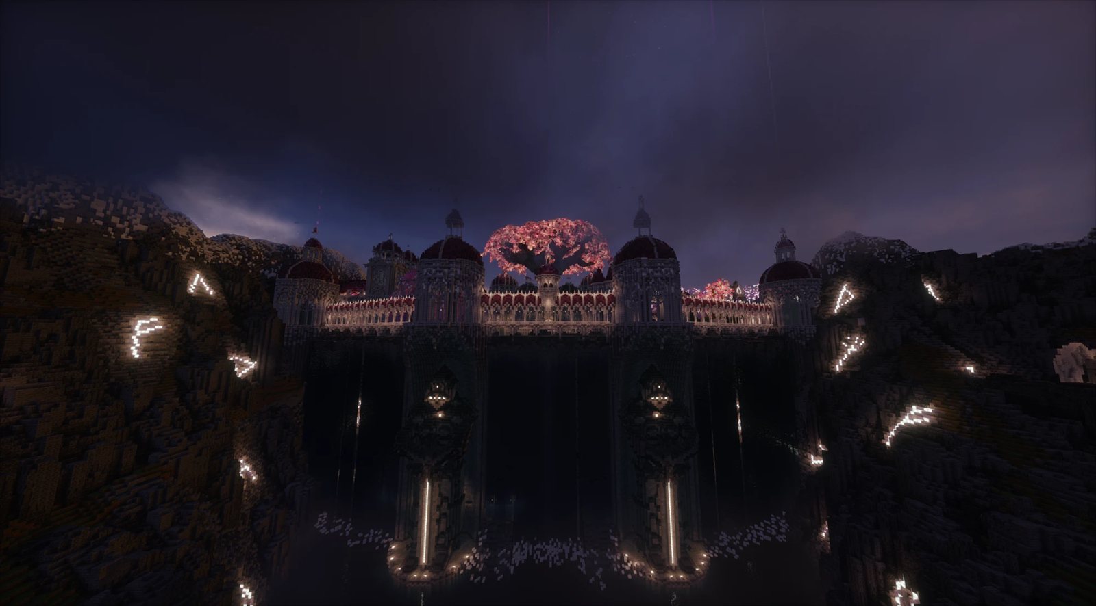 A palace with a glowing blossom tree at dusk