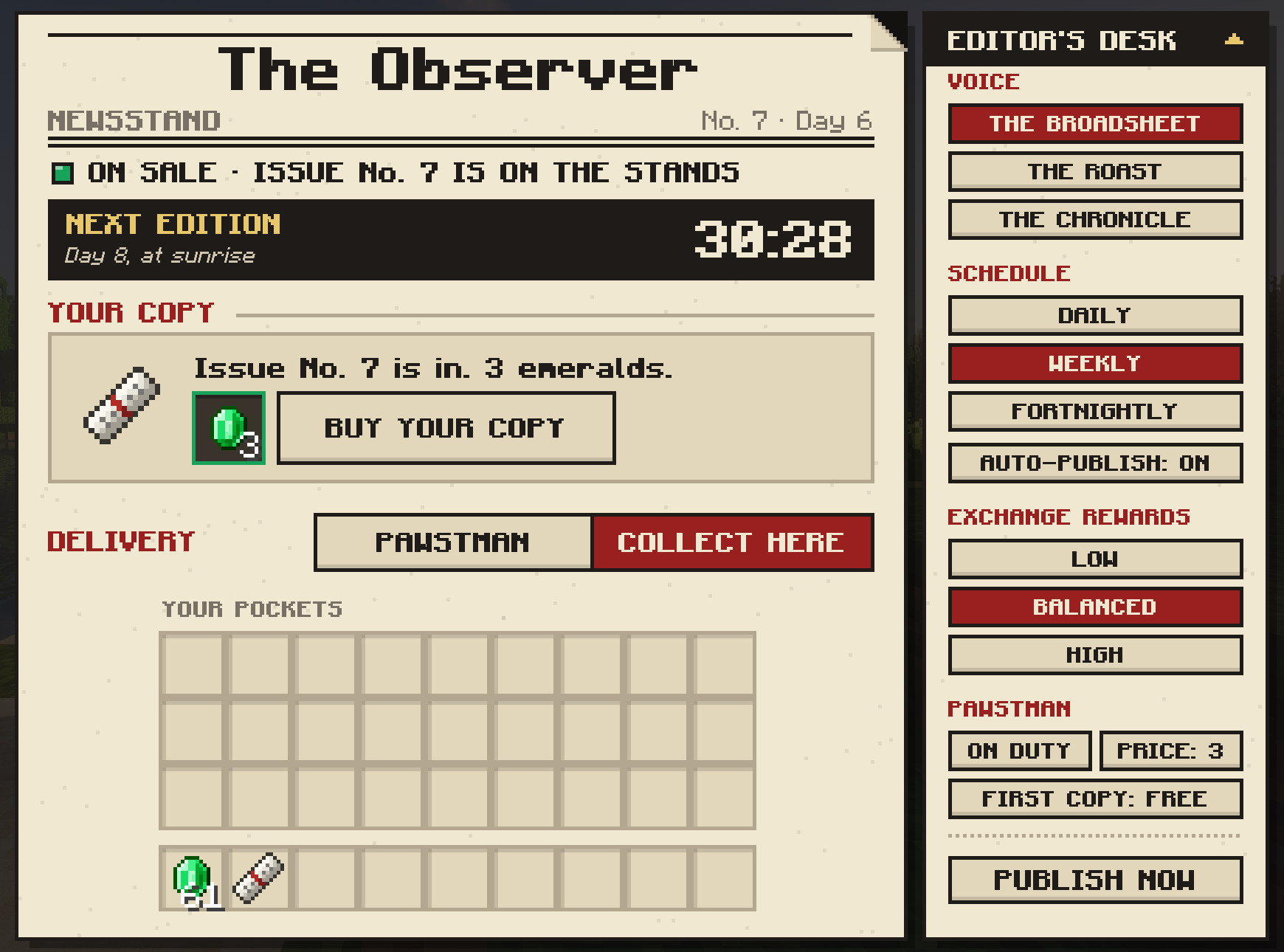 The newsstand's counter, with the Editor's Desk open beside it