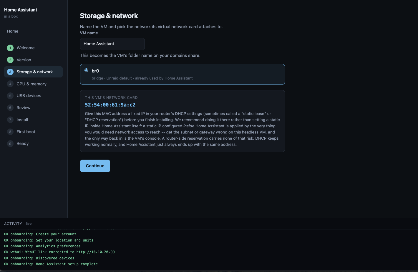 The storage and network step, showing the MAC address the VM will get