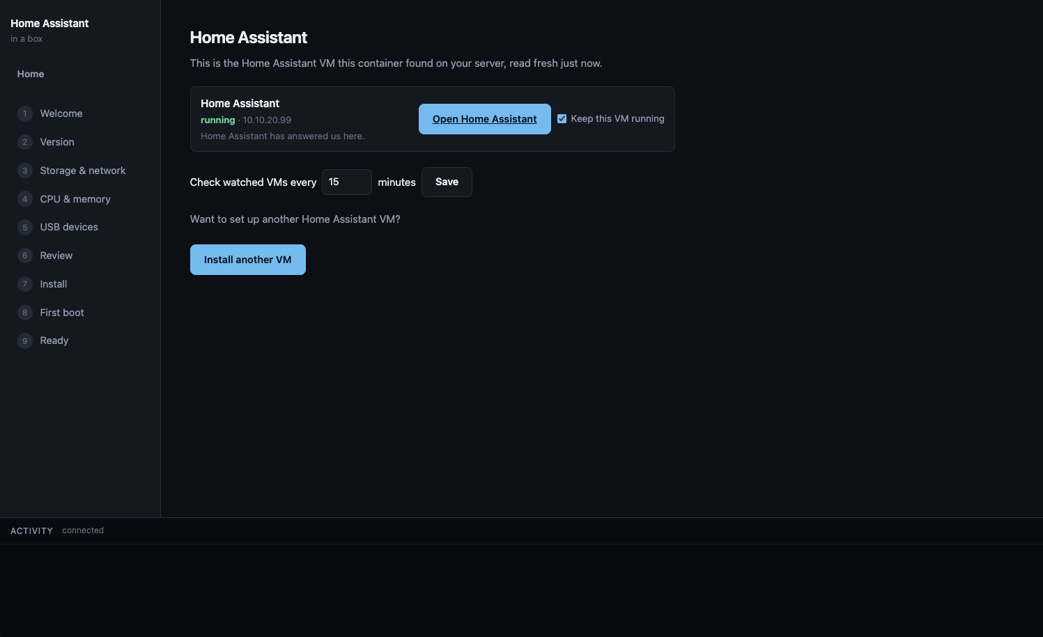 The home page, with a running Home Assistant VM