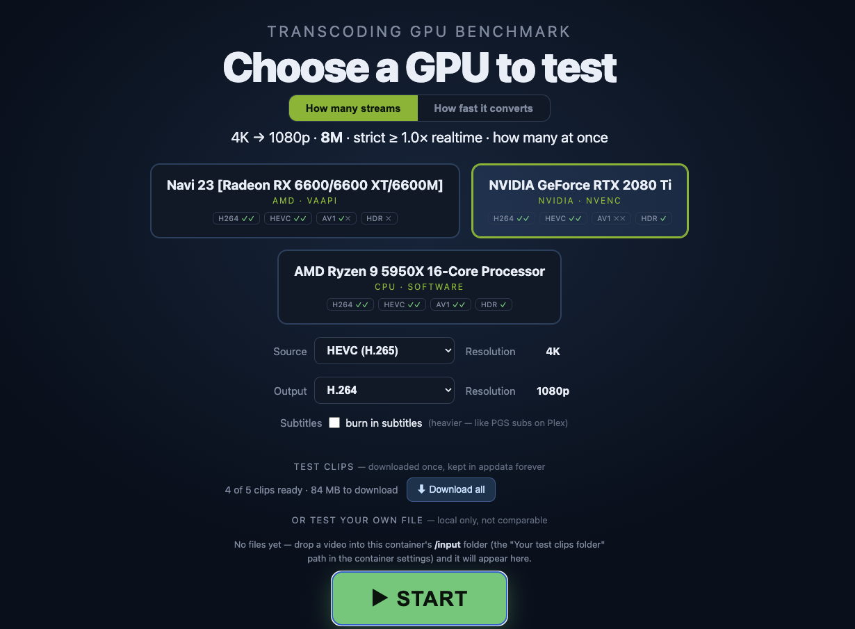 The device picker showing the detected GPUs and CPU with the source and output options