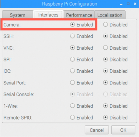 The raspberry pi configuration tool with enabled set to true