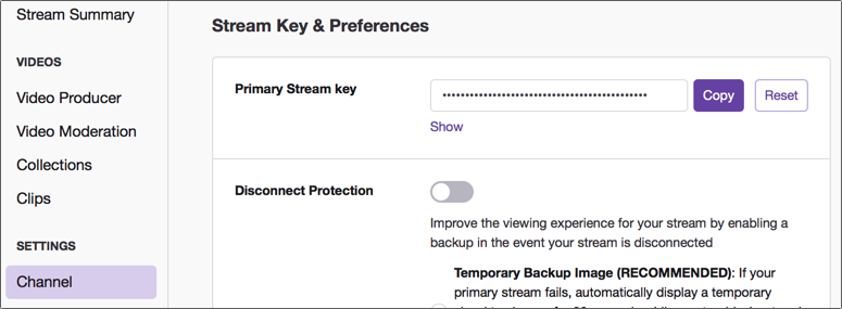 The stream key in the channel settings