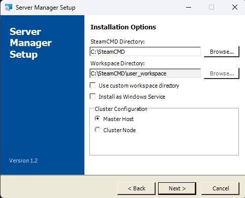Screenshot: Installer Page 2 — SteamCMD Selection