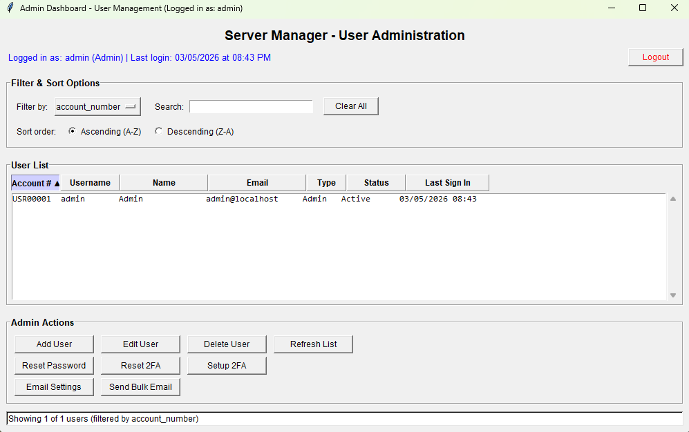 Screenshot: Administrator panel for users