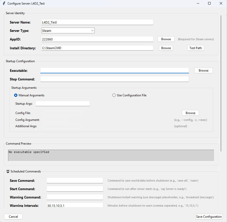 Screenshot: Server Configuration Dialog — showing the scrollable form with server name, App ID, install directory, and executable path fields