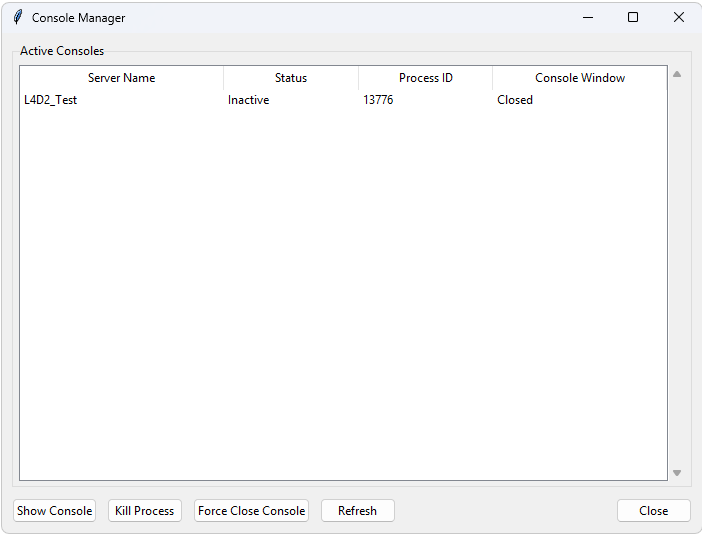 Screenshot: Server Console — showing dark terminal output, command input field, and server output with colour-coded text