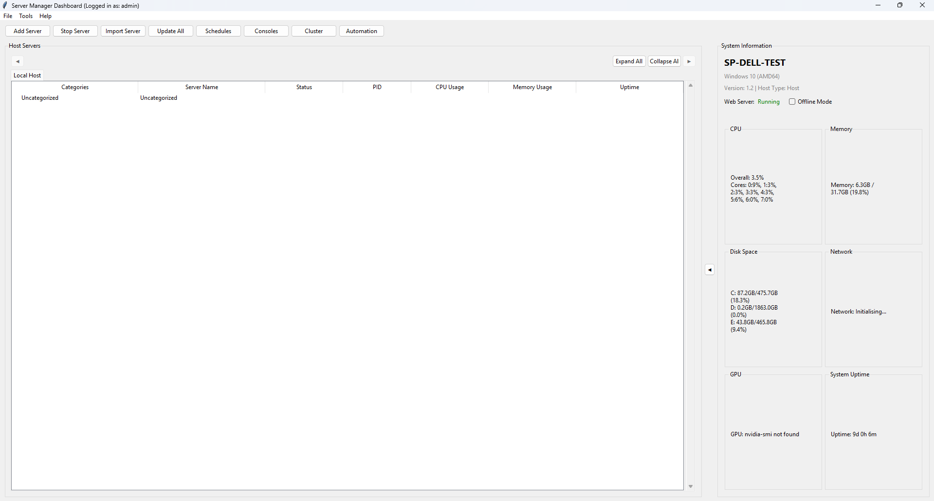 Screenshot: Main Dashboard — showing server list, system metrics panel, and action buttons bar