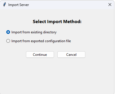 Screenshot: Import/Export — showing the file dialog for importing or exporting server configurations
