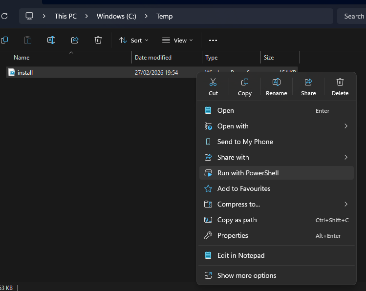 Screenshot: Run Windows Installer — showing explorer with run powershell