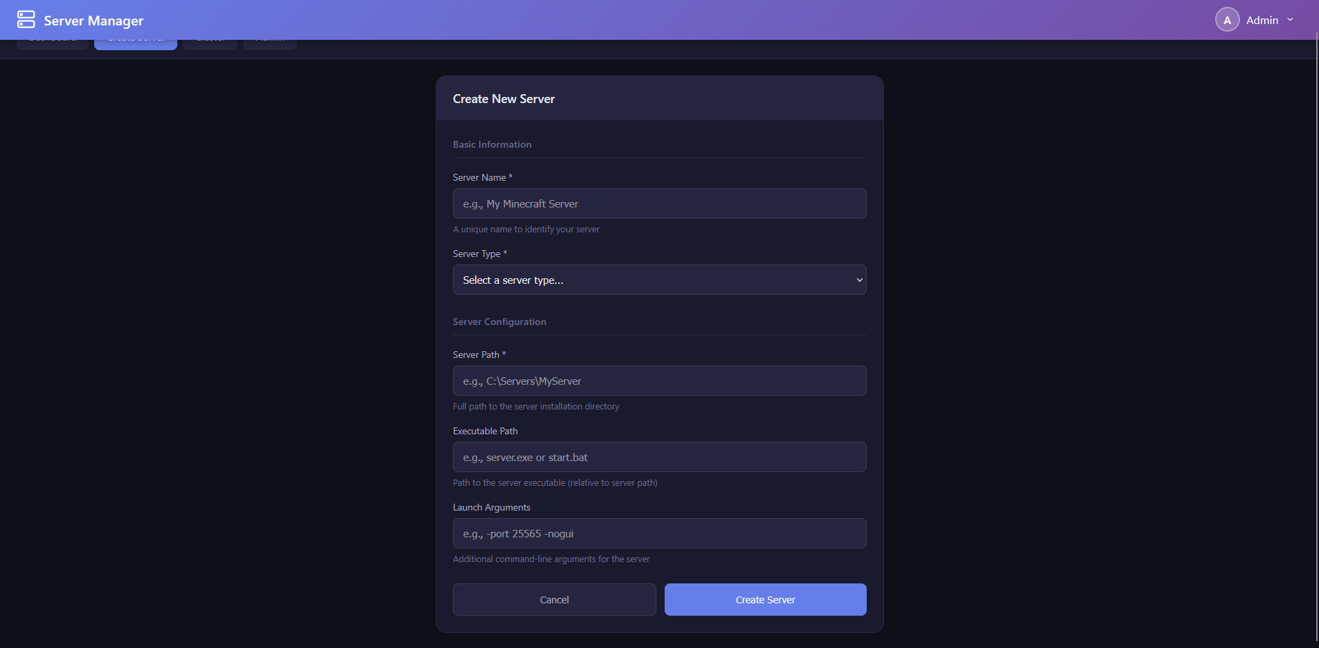 Screenshot: Website create server page - Like Python but web-based