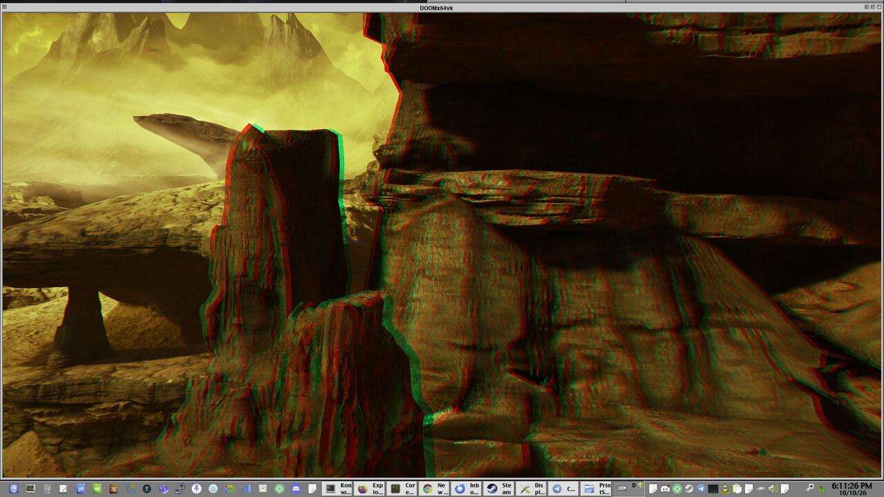 DOOM (2016) in a window, in 3D, with the flat Plasma panel below it (red-cyan anaglyph)