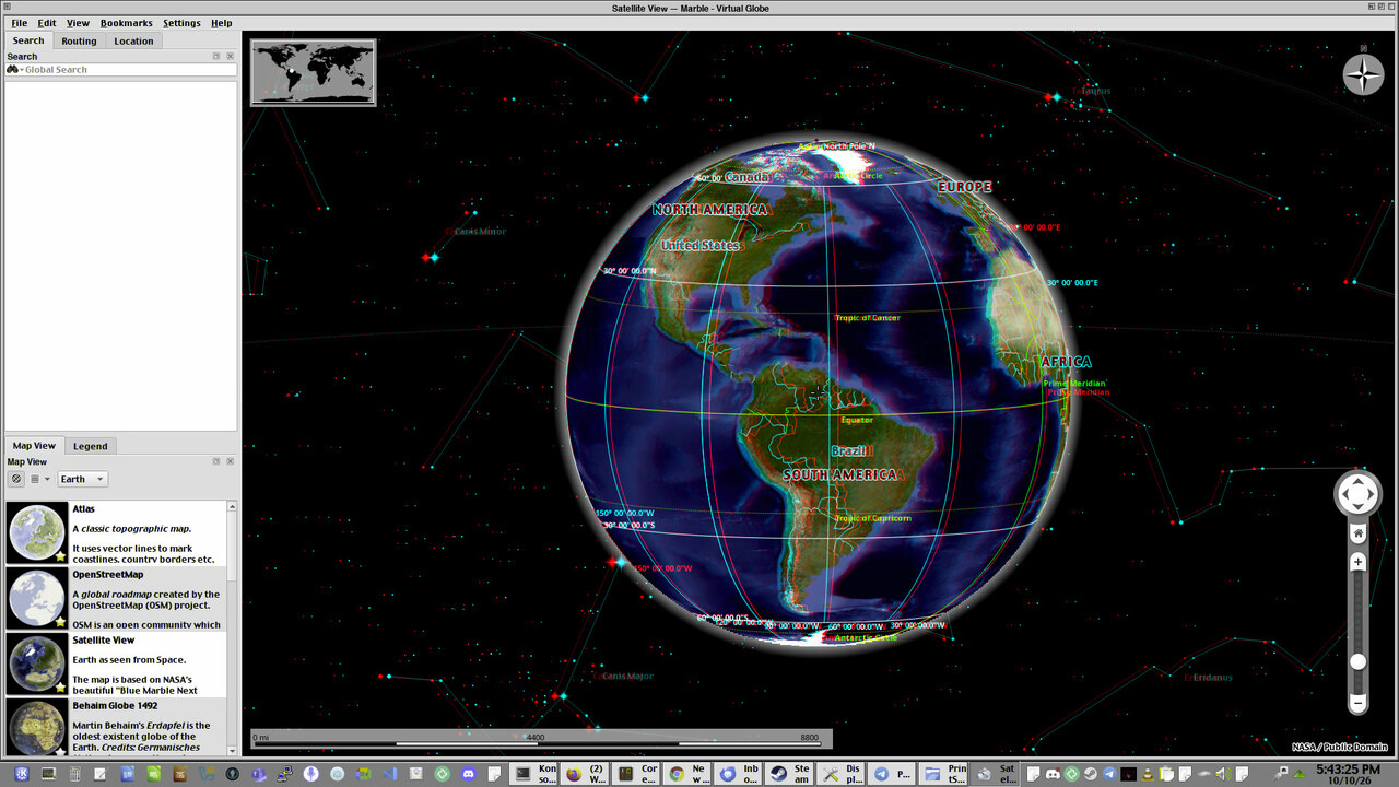 Marble's globe in front of the stars, in 3D (red-cyan anaglyph)