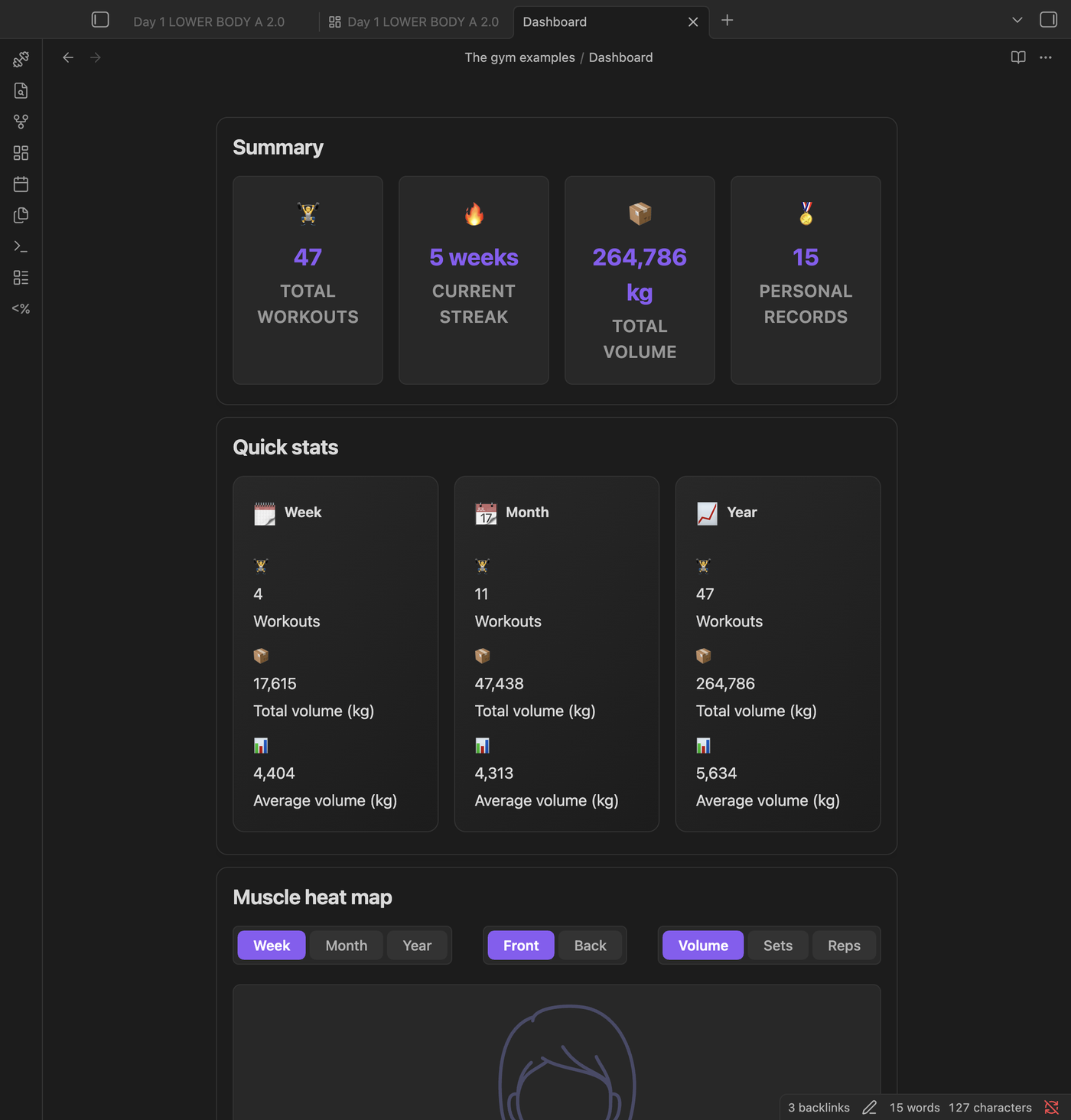Dashboard with summary cards, quick stats and the muscle heat map