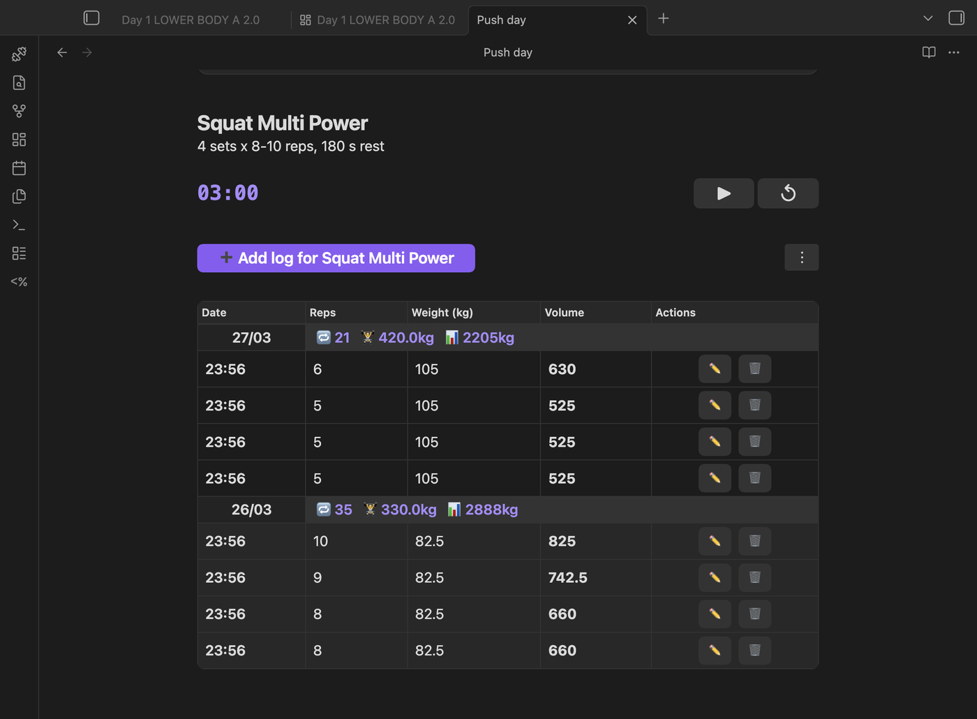 Rest timer and log table for one exercise