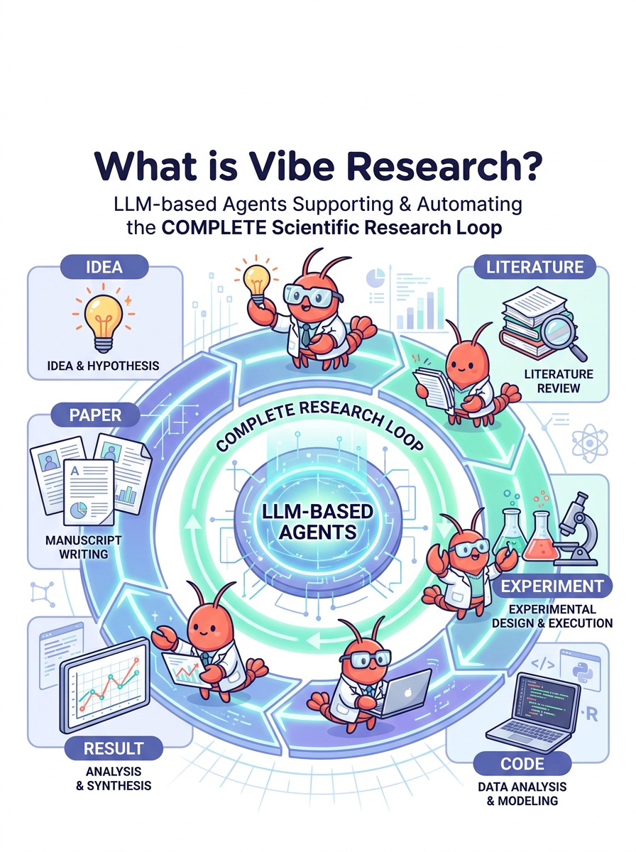 Vibe Research: AI assistant workflow (idea → literature → experiment → code → result → paper)
