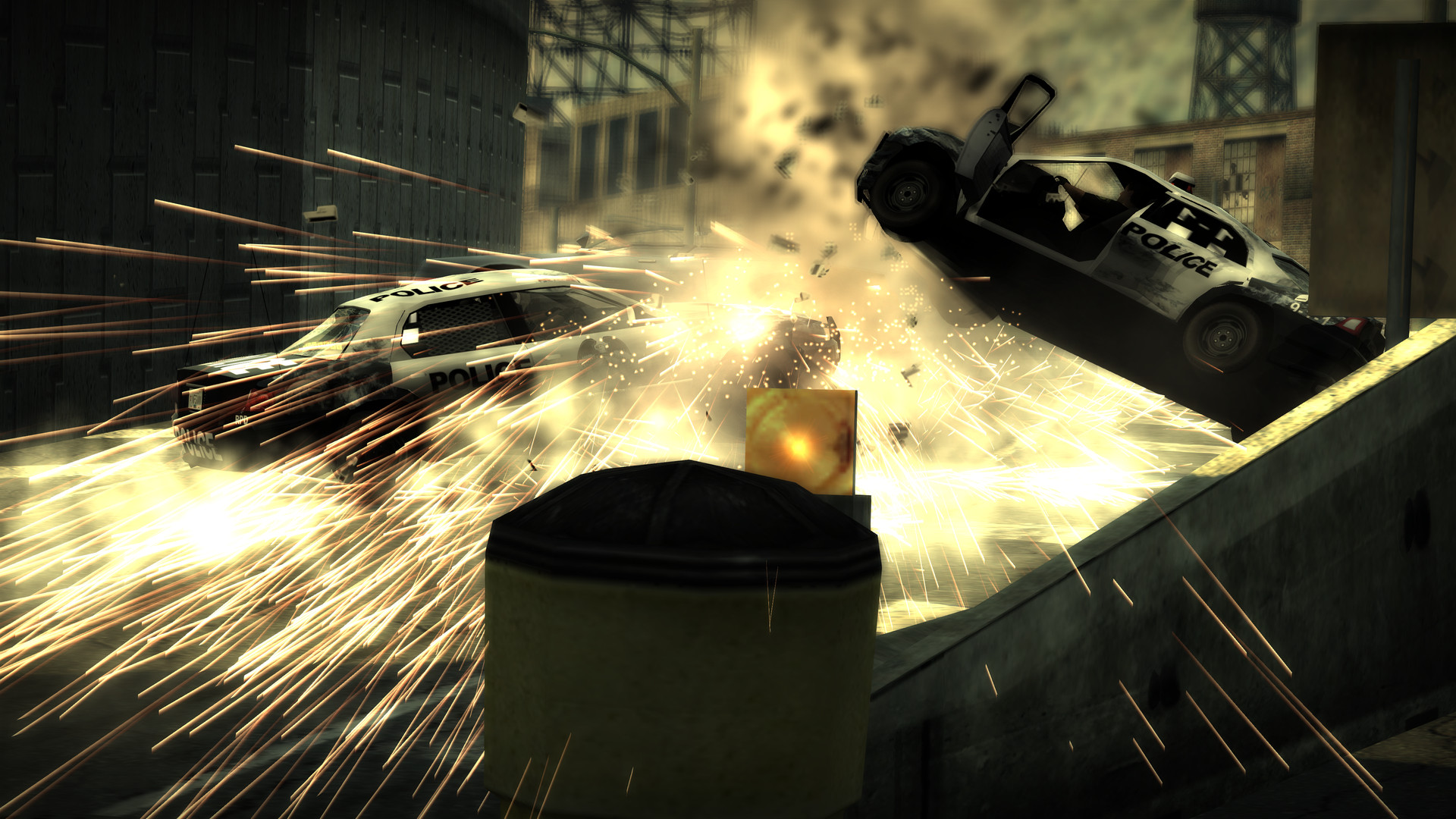 Police cars crashing into a barrier in a shower of sparks