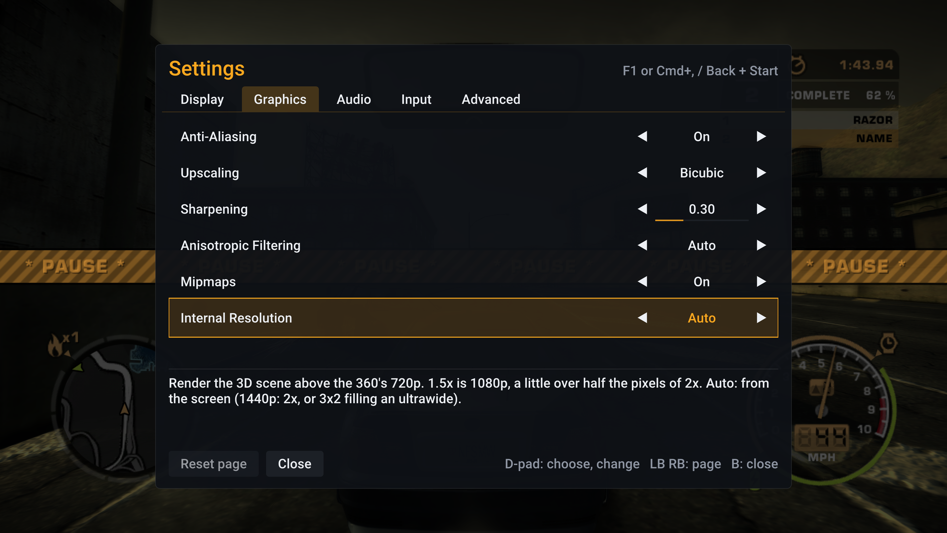 The SpeedBreaker settings menu over the paused race, on the Graphics page