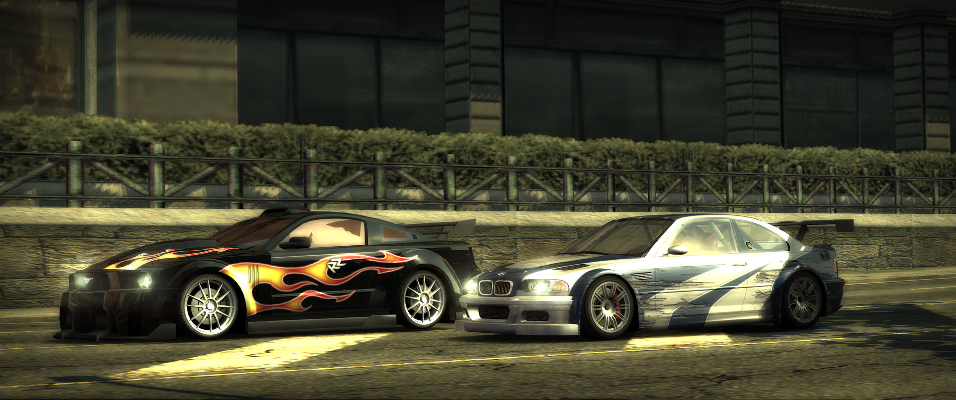 The intro cinematic in 21:9: two cars side by side