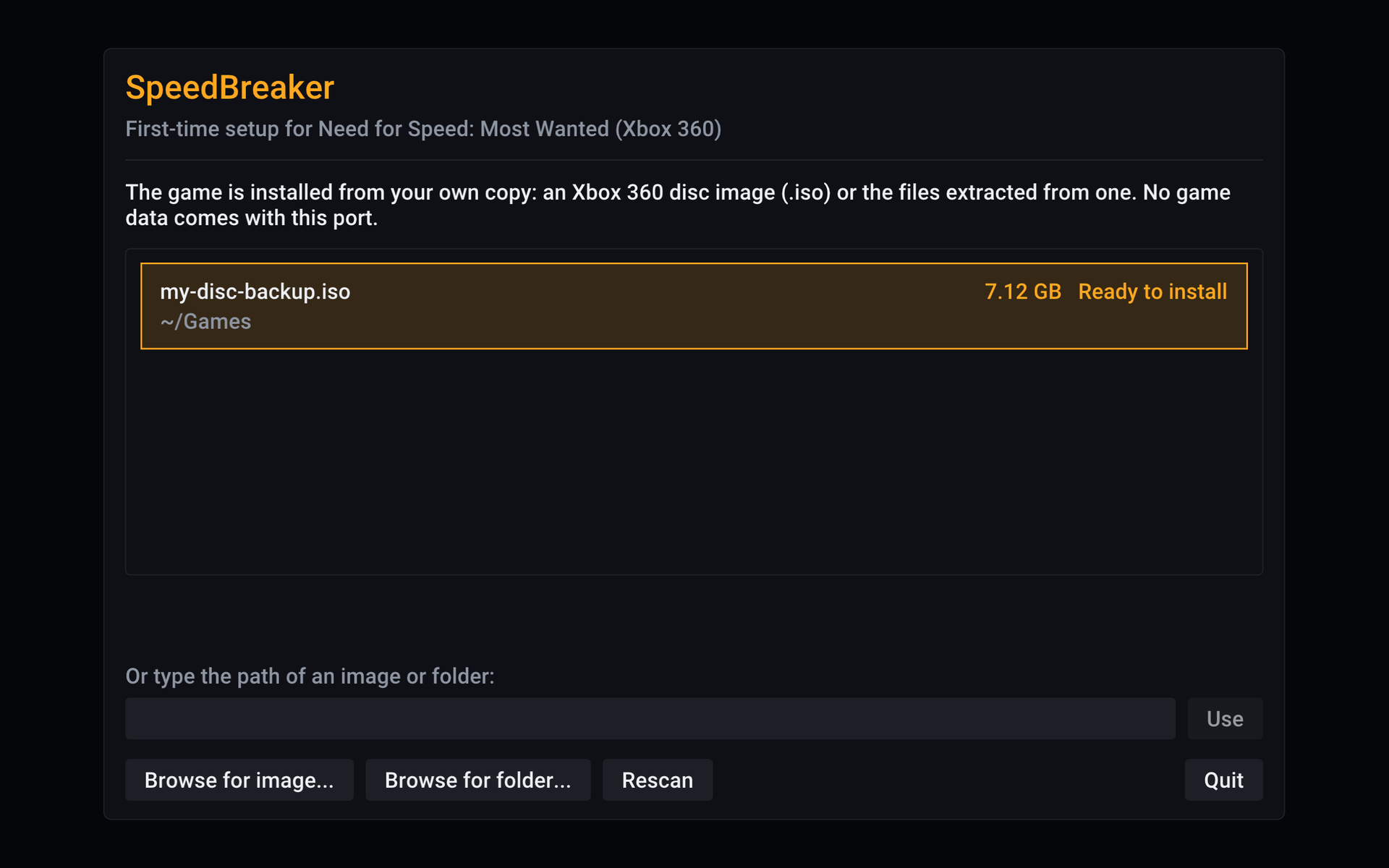 The first-run installer, showing a disc image it found, ready to install