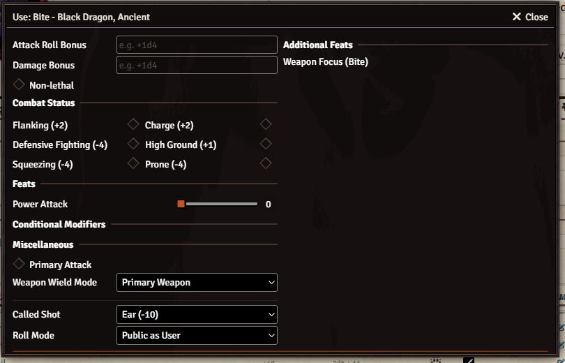 Native D35E attack dialog with Called Shot dropdown