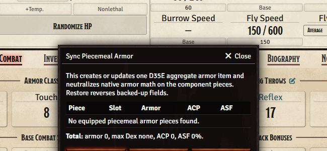 Piecemeal armor sync dialog