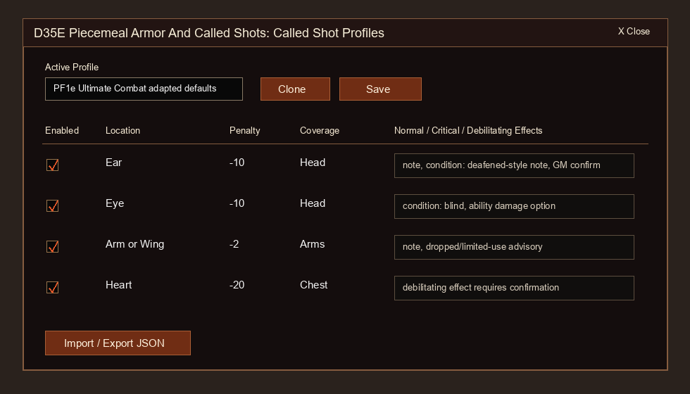 Called-shot profile editor