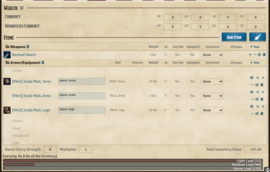 Actor inventory showing native Armor and PAcS armor-piece slots