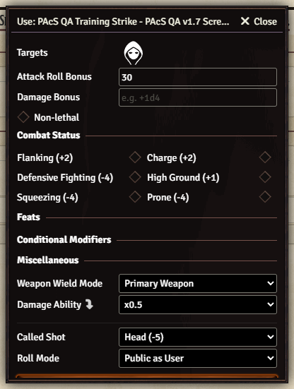 Native D35E attack dialog with the PAcS Called Shot selector
