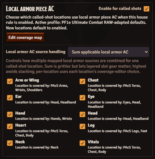 Local armor piece AC settings with source handling and coverage summaries