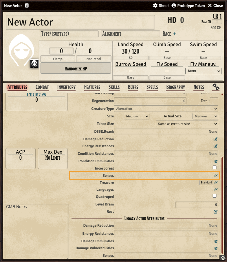 D35E actor sheet Senses row