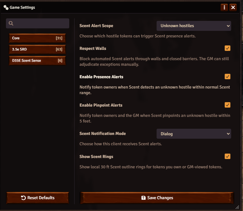 D35E Scent Sense module settings overview