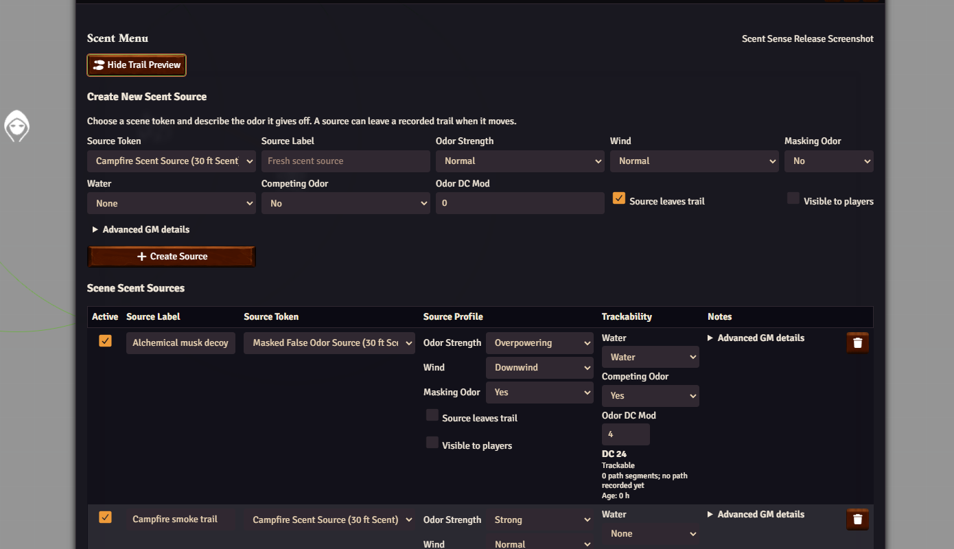 D35E Scent Sense Scent Sources menu