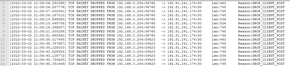Logging dropped packets