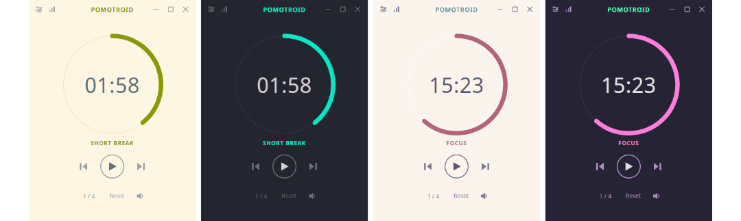 Screenshots of Pomotroid using various themes