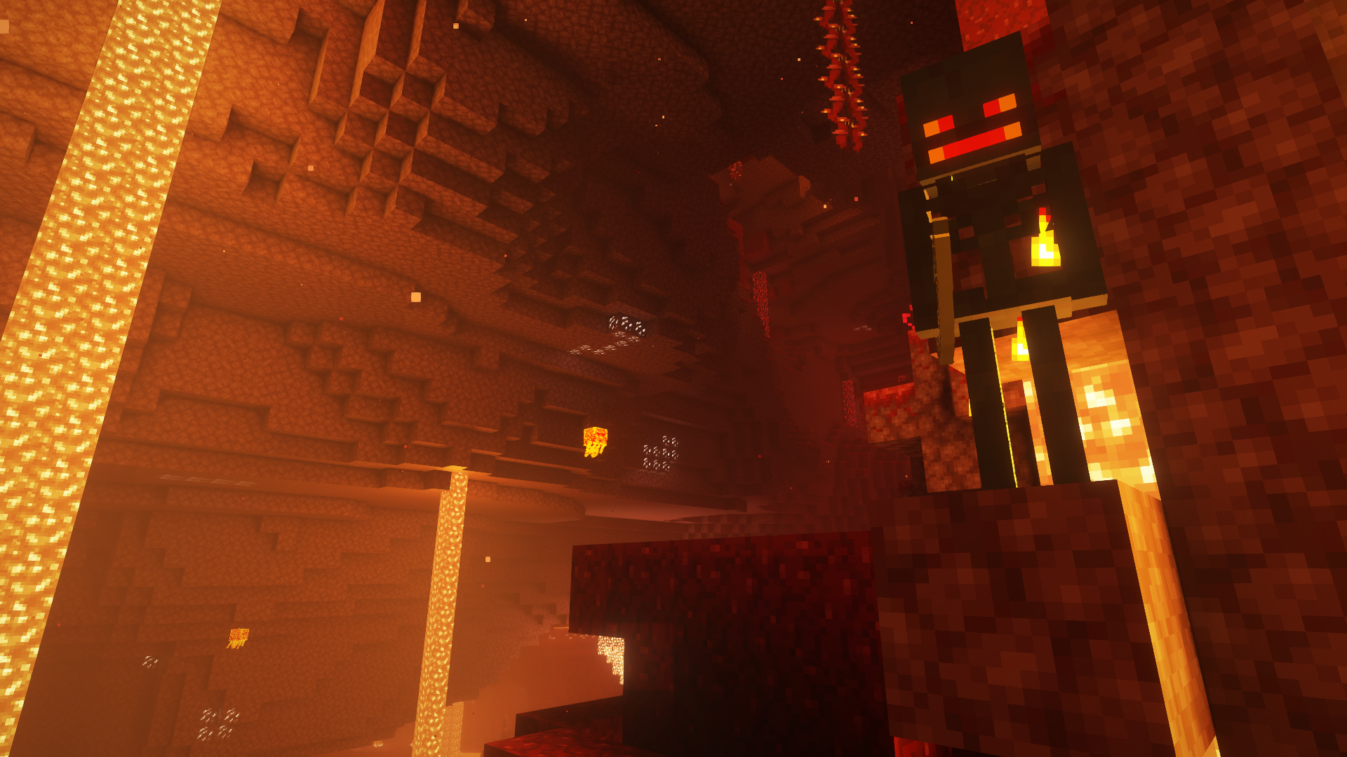 An Ember Skeleton on a tree aims at a group of piglins being attacked by infernal zombies and other ember skeletons.