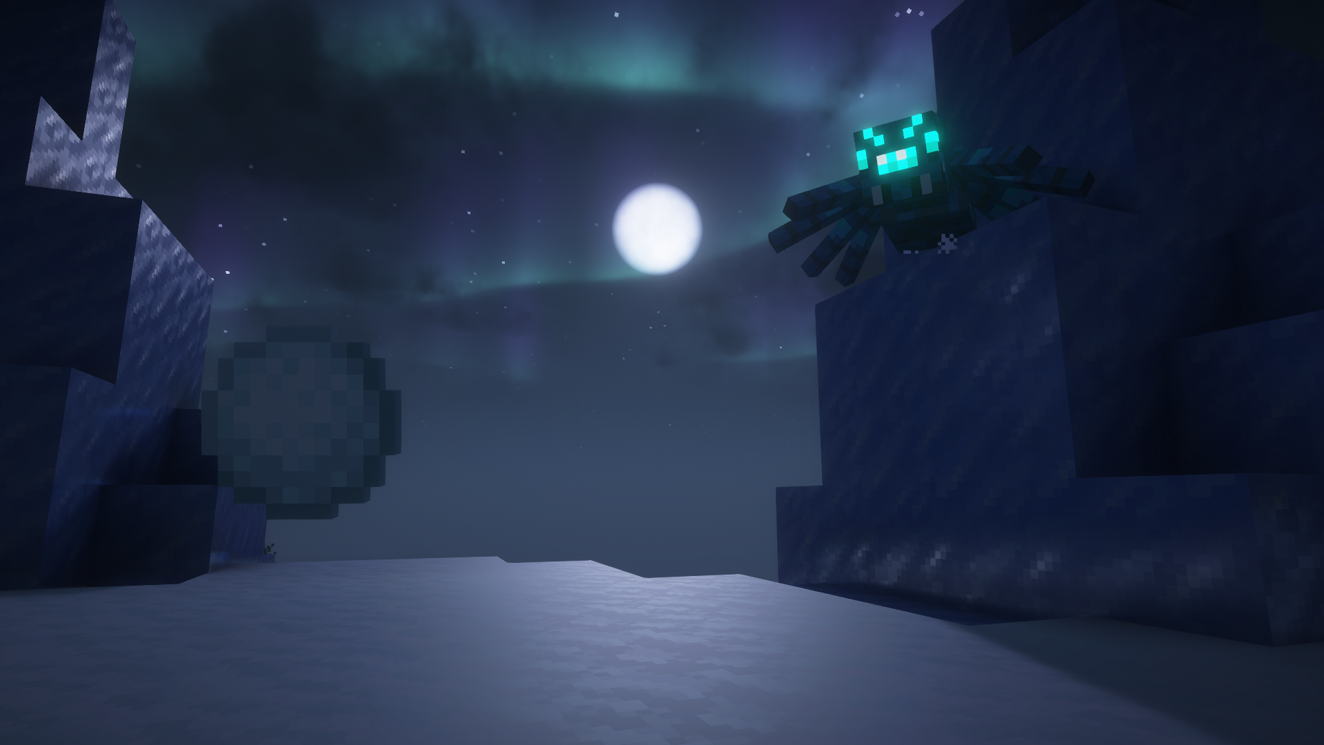 An ice spider walking on a surface of powdered snow, chasing something off screen. Illuminated by moonlight.