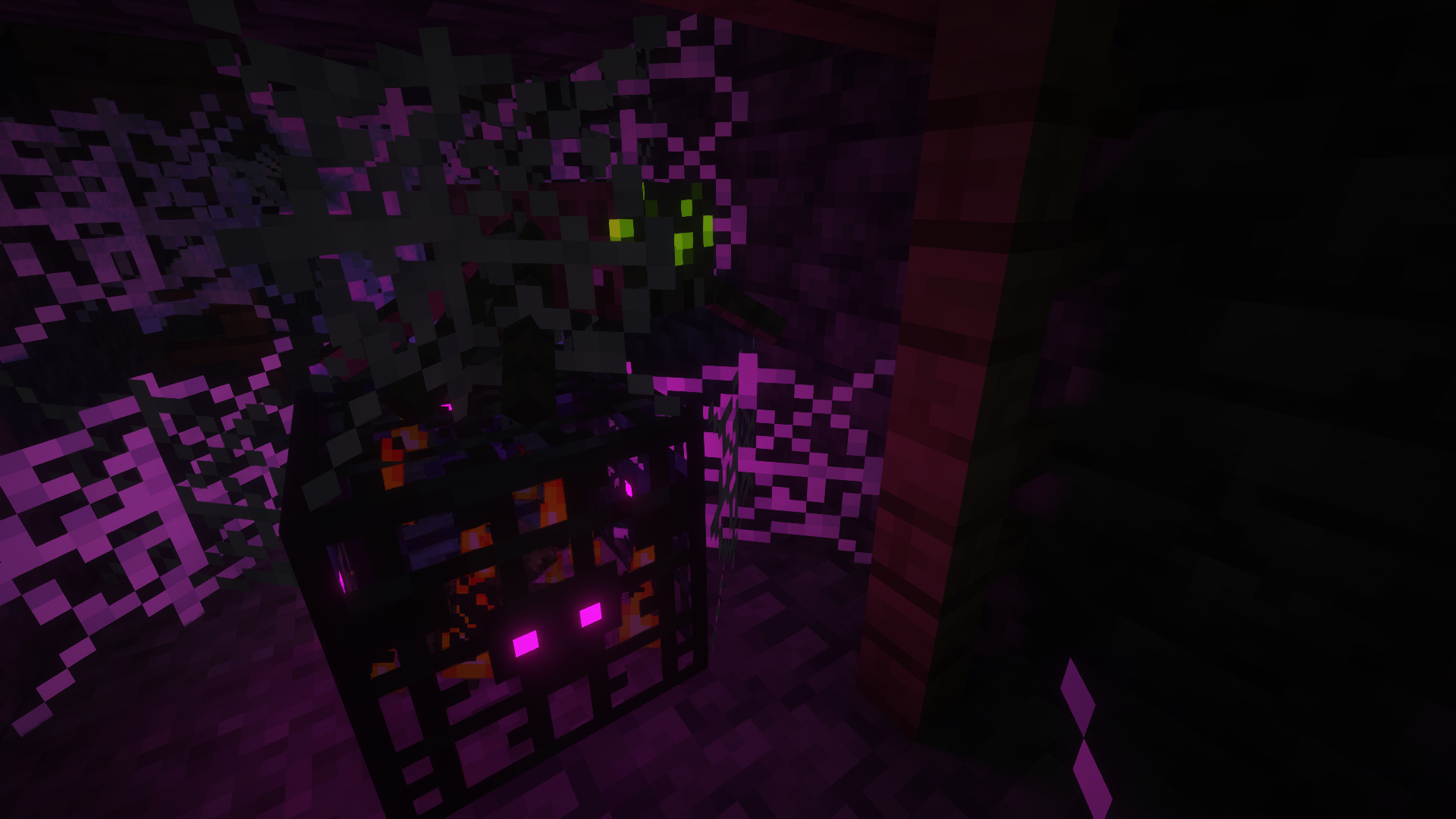 A mineshaft spawner generating a number of spitting spiders.