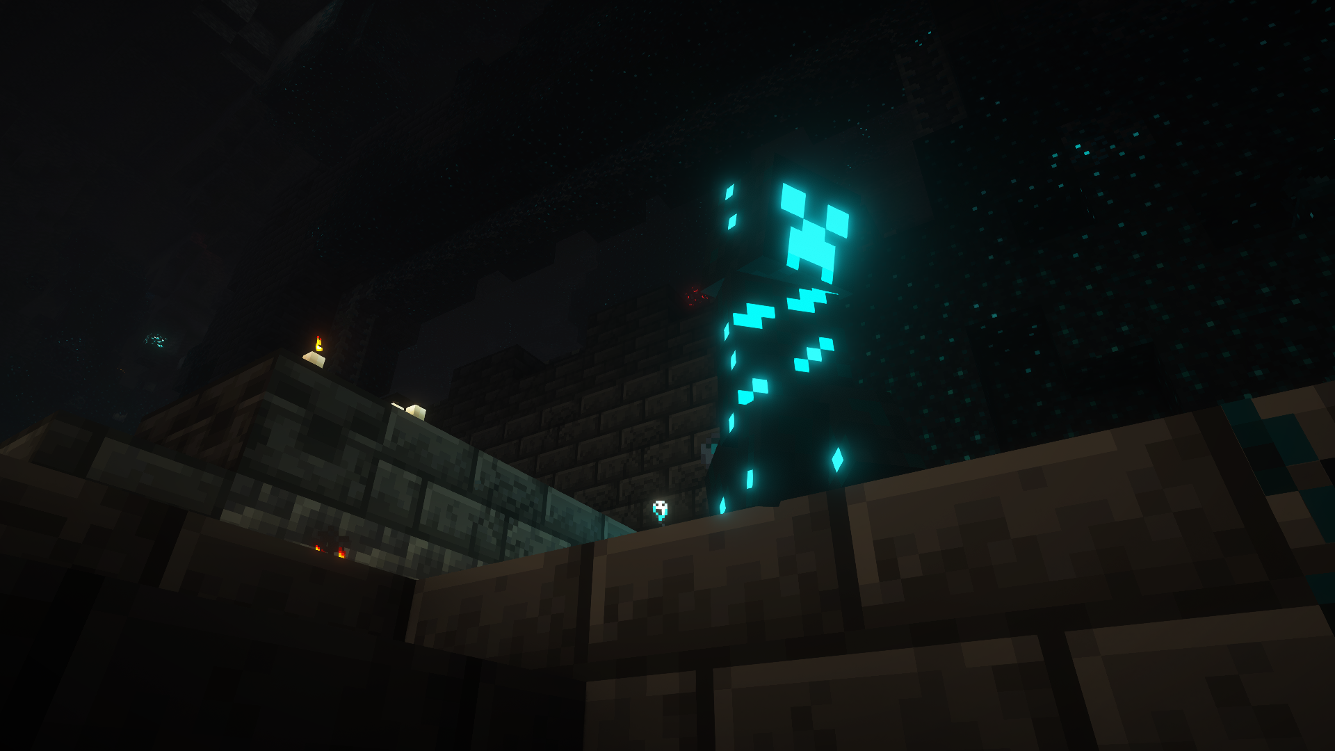 A Sculk Creeper standing on the platform of an ancient city portal.