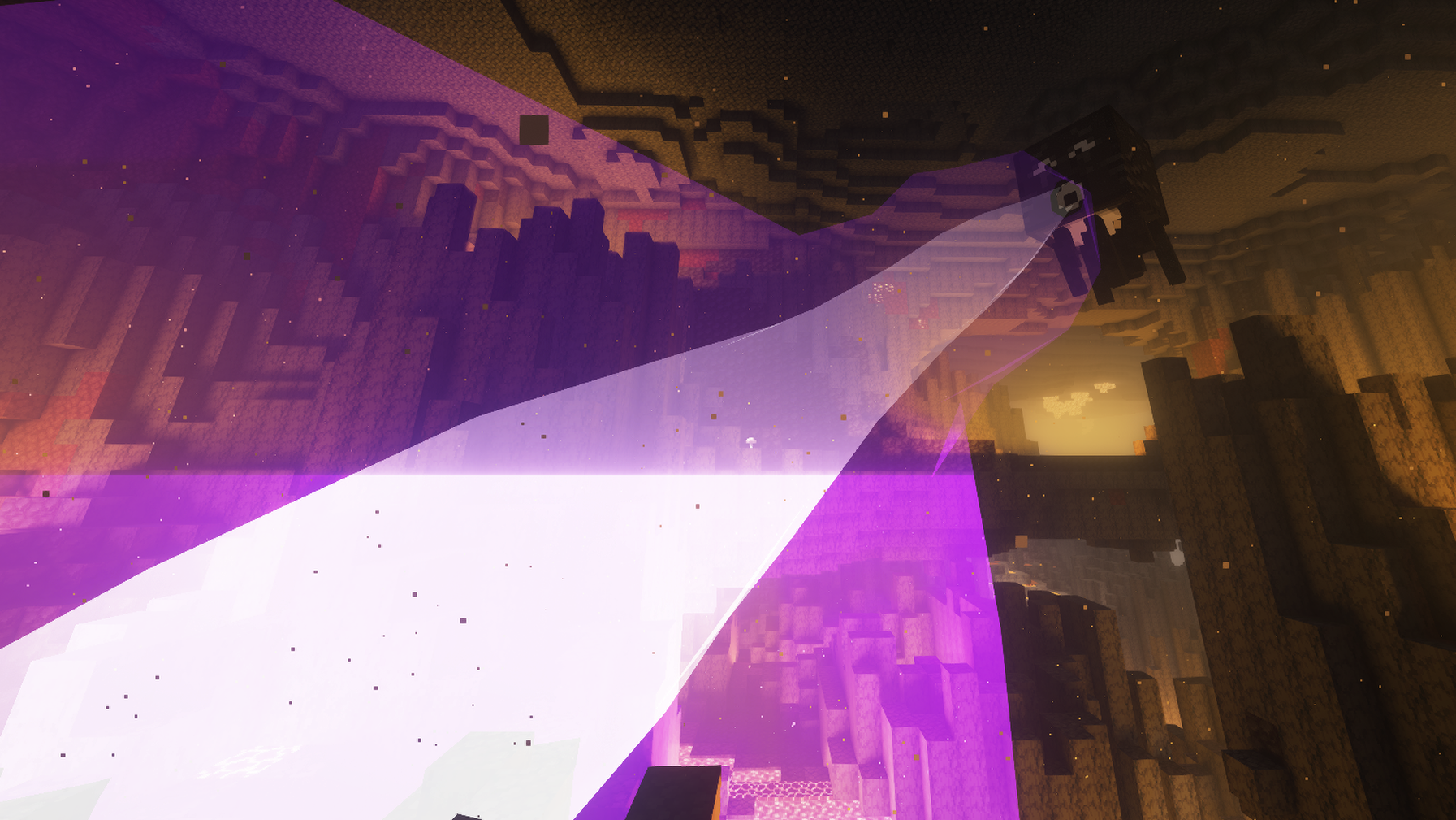 A Wither Ghast drifts over a soul sand valley, its powerful beam pulling in something below.