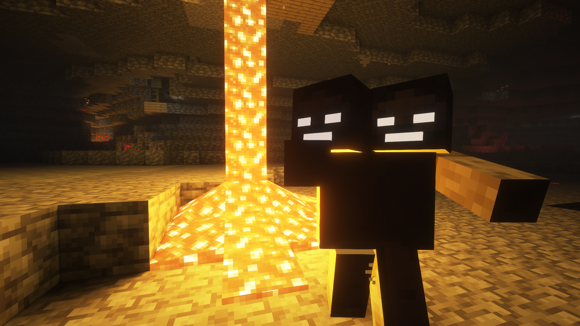 The Wither Zombie wandering a deepslate dripstone cavern, illuminated by lava.