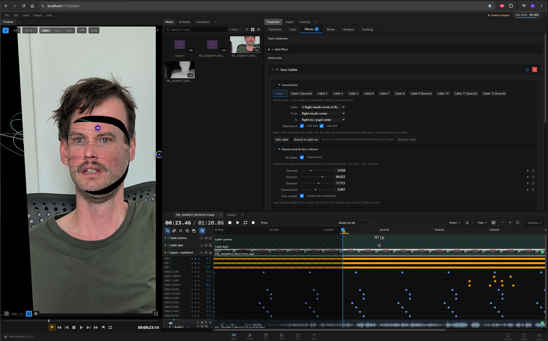 Face Cables in MasterSelects: face tracking, custom effect controls, and animated timeline keyframes