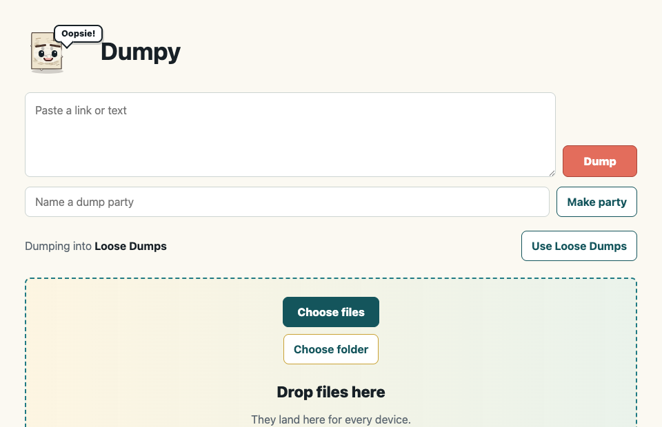 Dumpy web app showing a text dump box, dump party tools, and file drop zone.