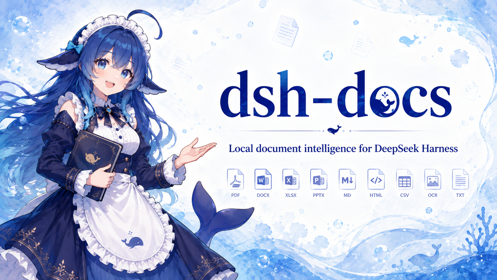 dsh-docs — local document intelligence for DeepSeek Harness: PDF, DOCX, XLSX, PPTX, Markdown, HTML, CSV, OCR, and text