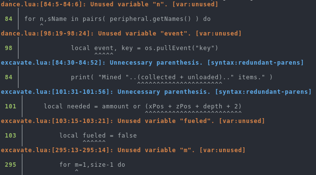 An example of running illuaminate from the command line, displaying several warnings.