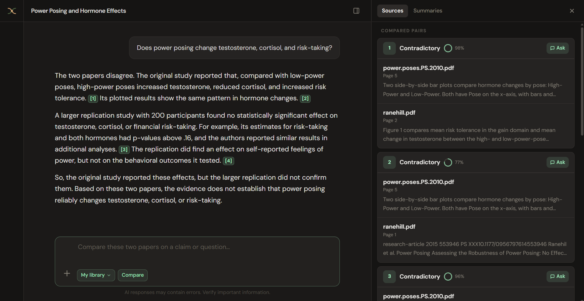 Compare two papers on a claim