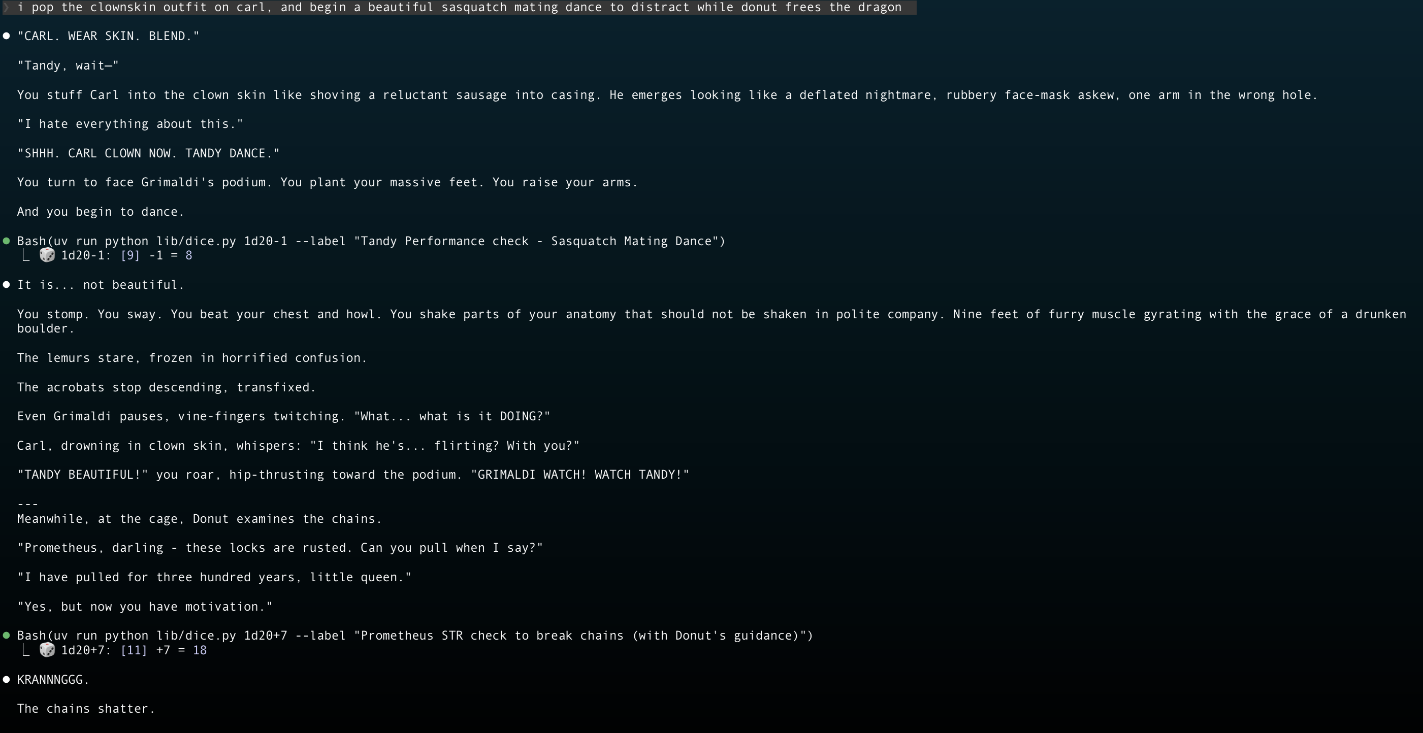 Tandy performs a sasquatch mating dance to distract Grimaldi