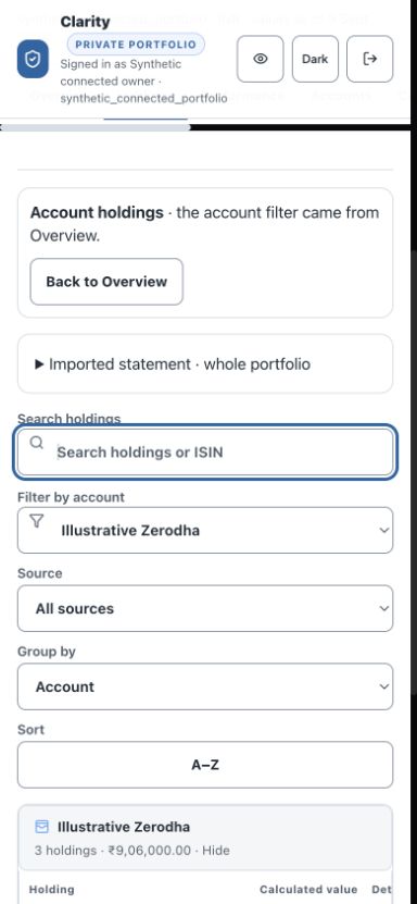 Clarity mobile holdings screen with synthetic data